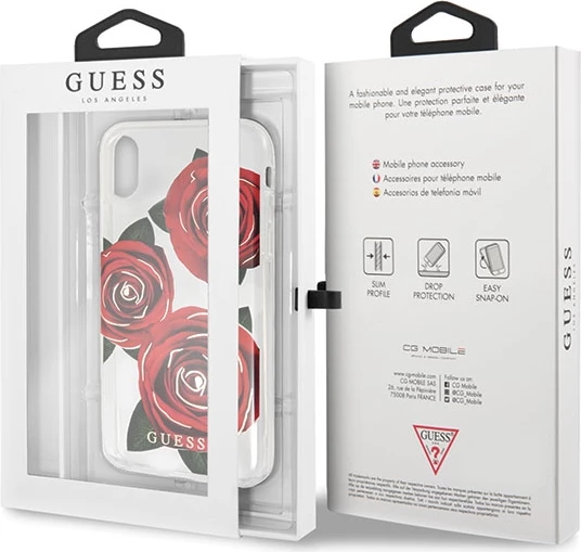 Mbështjellës Guess Flower Desire për iPhone X/XS, Transparent, me trëndafila të kuq