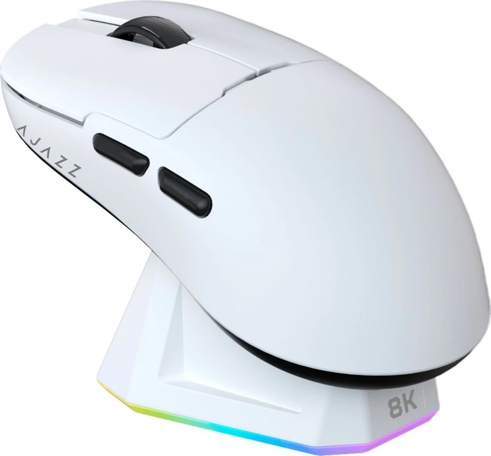 Maus pa kabllo Ajazz AJ159 Pro, PAW3395, 26000 DPI, 8K Hz, me dock karikimi, i bardhë