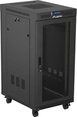 Kabinet rack LANBERG 19" 24U 600x800, qëndruese, dyer të perforuara, panel LCD, e zezë