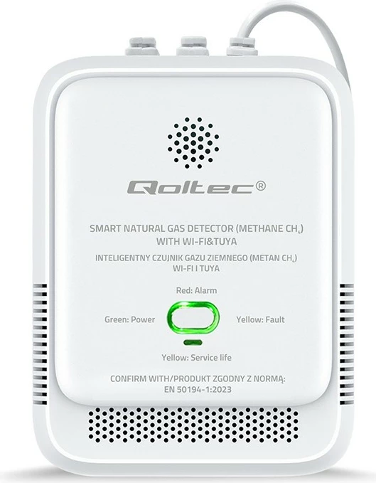 Sensor rrjedhje gazi natyror Qoltec 52651, CH4, Wi‑Fi Tuya, alarm 85 dB, LED, i bardhë, set me vida