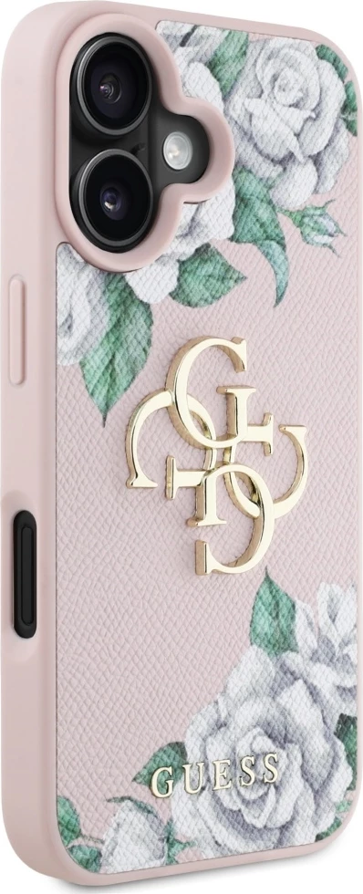 Mbështjellës Guess Grained Roses Big 4G logo për iPhone 16, Rozë