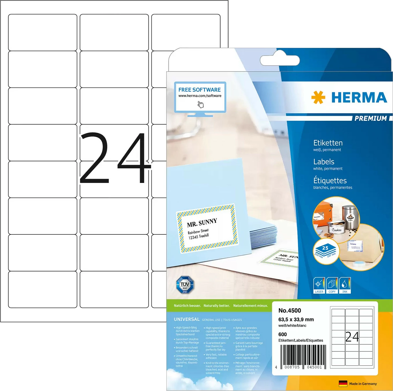 Etiketa adrese HERMA Premium No.4500, A4, 63.5 x 33.9 mm, 600 copë, të bardha