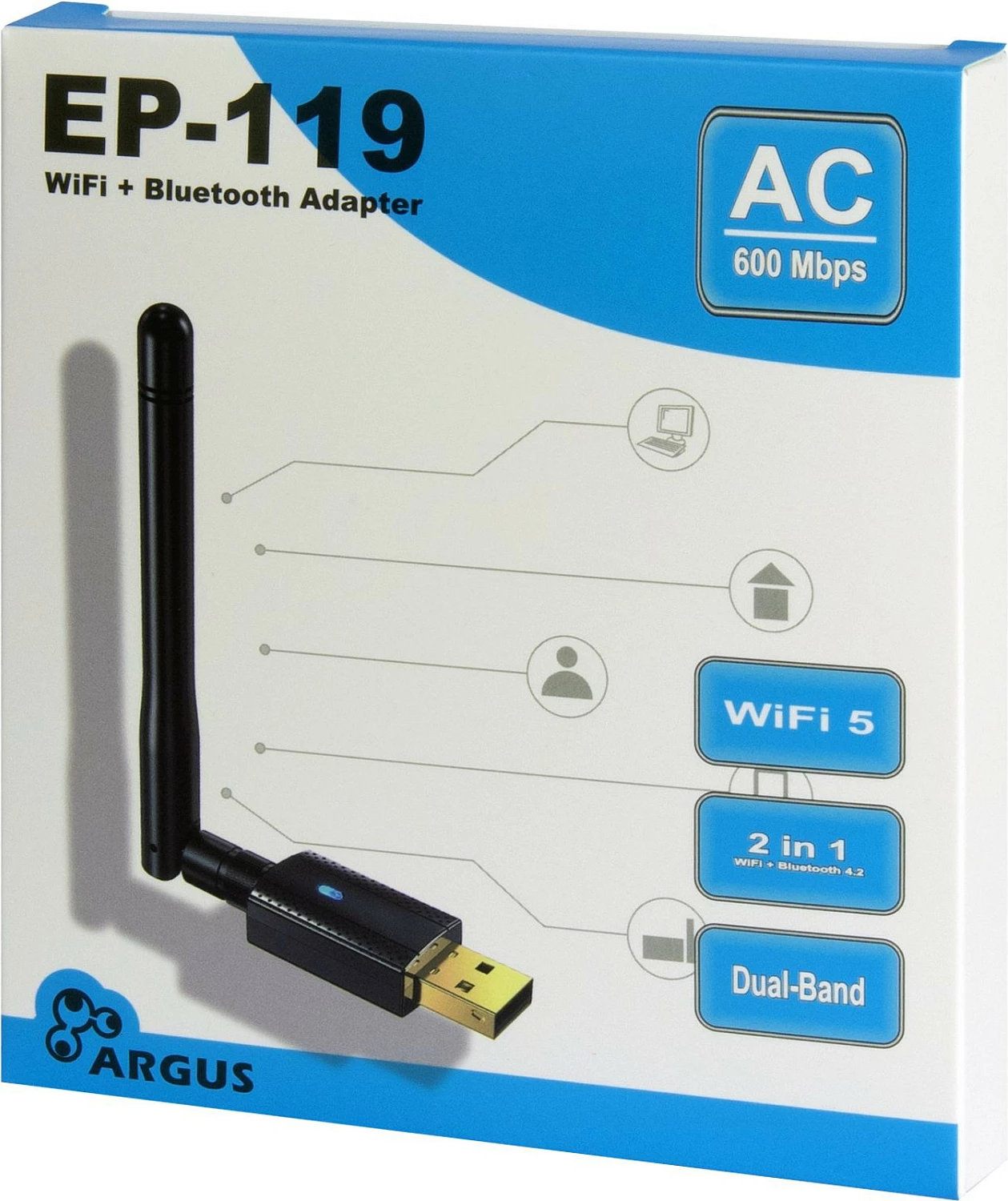 Adapter USB Wi-Fi Inter-Tech Argus EP-119, Wi-Fi 5, Bluetooth 4.2, me antenë, i zi