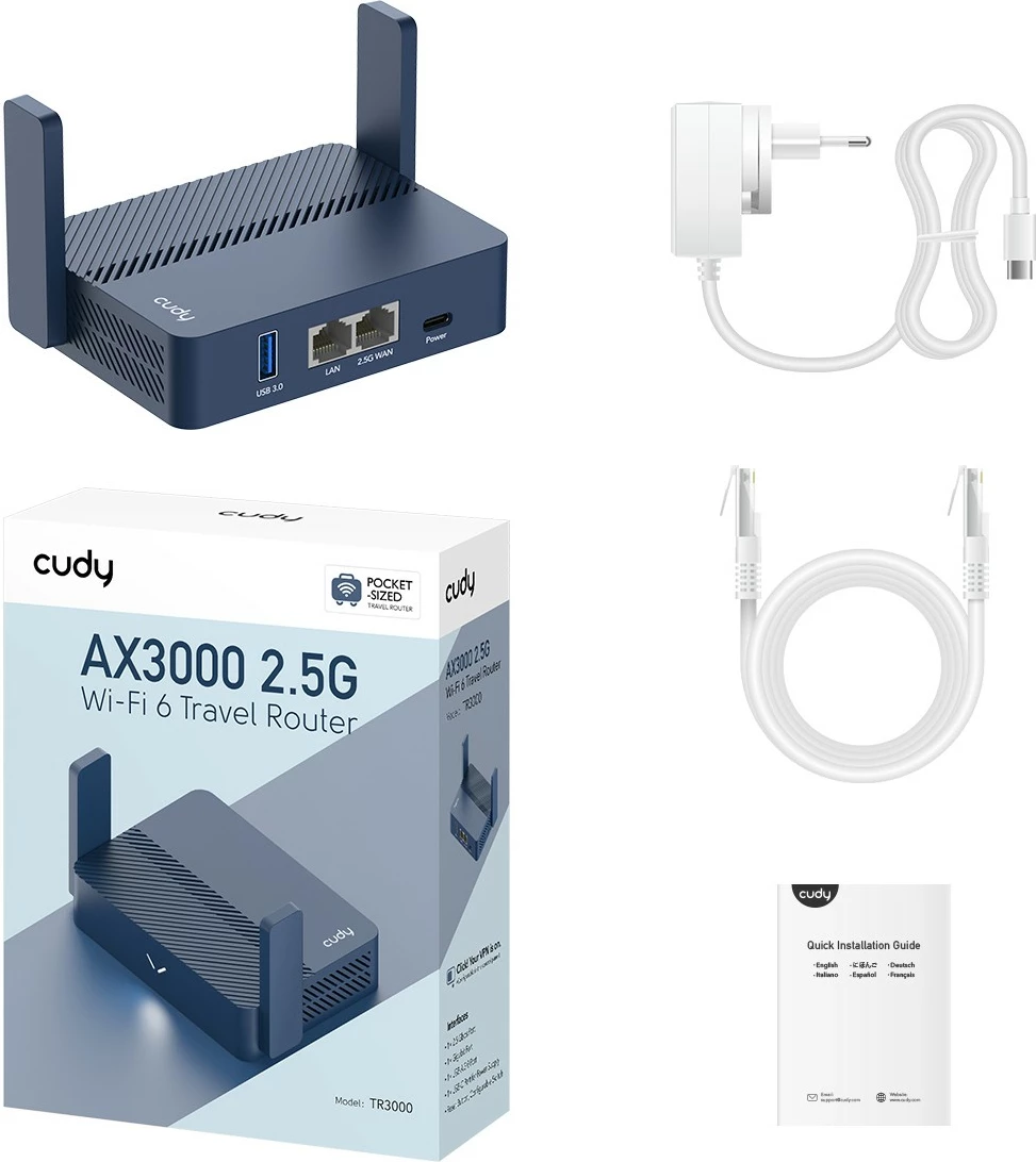 Router portativ Cudy AX3000, Wi-Fi 6, Ethernet LAN, Blu