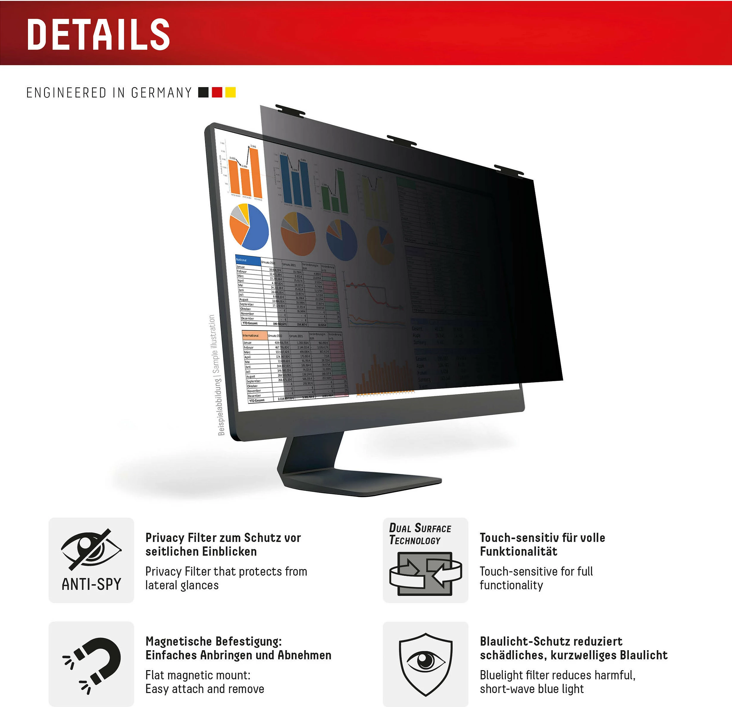 Filtër privatësie për monitor Displex Privacy Safe Desktop Uni 24" 16:10, magnetik, anti-blue, i zi