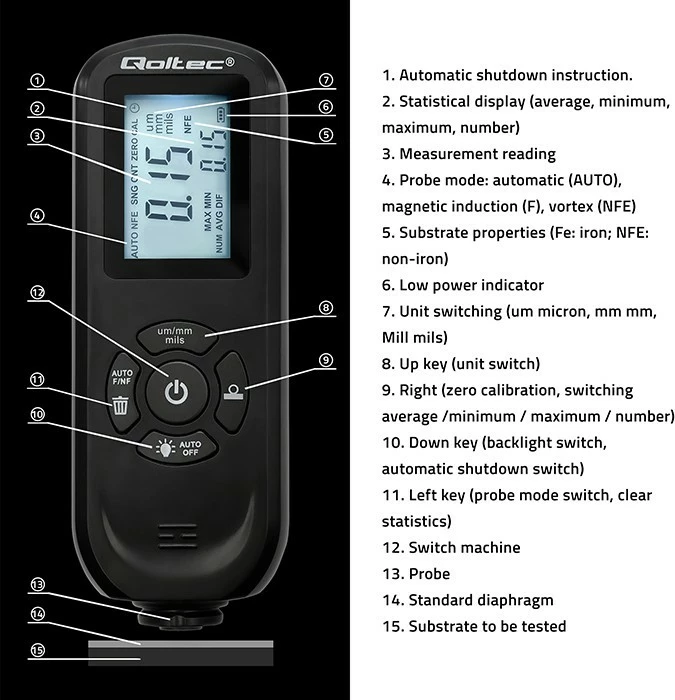 Matës trashësie boje Qoltec 50646, LCD i ndriçuar, 0-2000μm, i zi