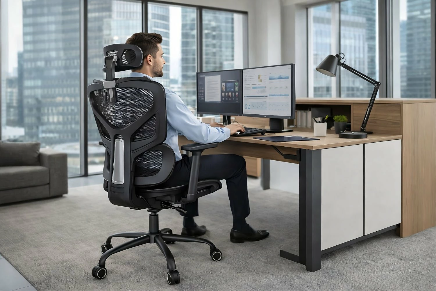 Karrige zyre ergonomike Mozos Ergo-V, rregullim 46-56 cm, rrjetë ajrosëse, mbështetëse krahu 3D, e zezë