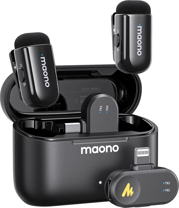 mikrofon wireless Maono WM622 PBC2 me 2 transmetues, marrës Lightning & USB-C, 48kHz/16-bit, reduktim zhurme me AI, deri 100 m, kuti karikimi, e zezë