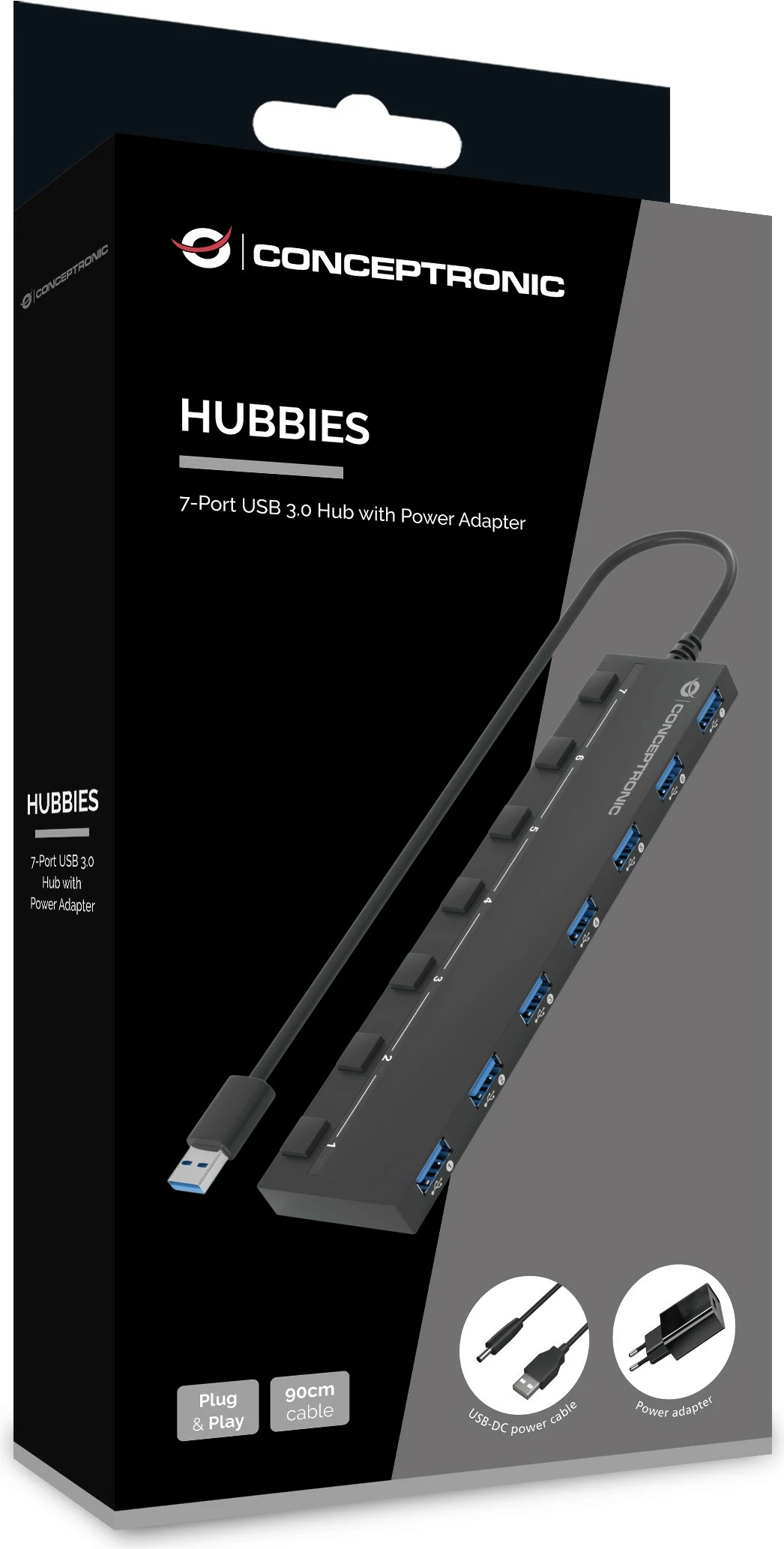 USB hub Conceptronic 7 porta USB 3.0/3.2 Gen1, me furnizim rryme, i zi