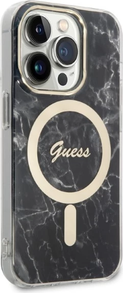 Set mbështjellës Guess Marble Collection me karikues wireless MagSafe për iPhone 14 Pro Max, 6.7", zi/artë