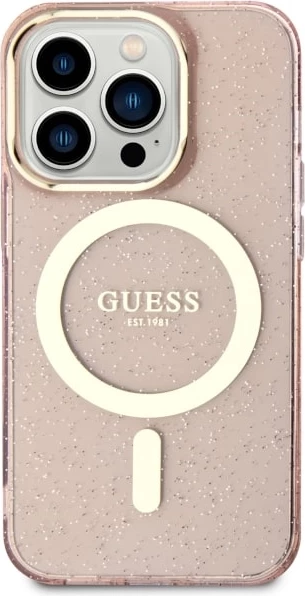 Mbështjellës Guess GUHMP14LHCMCGP për iPhone 14 Pro 6.1", Glitter Gold MagSafe, Rozë