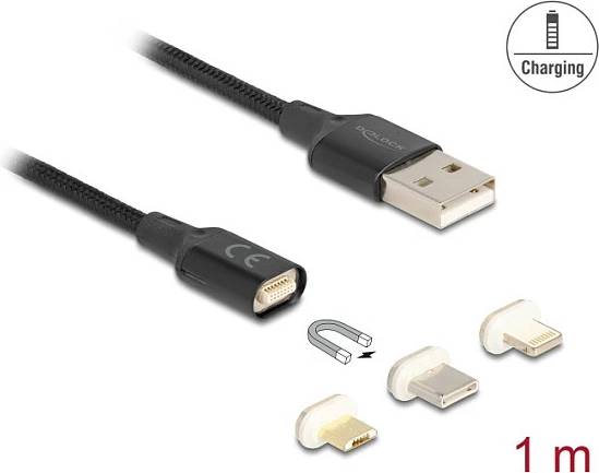 Kablë karikimi DeLOCK 88165, USB-A, 1m, magnetike 3-në-1 (Lightning/Micro-USB/USB-C), e zezë