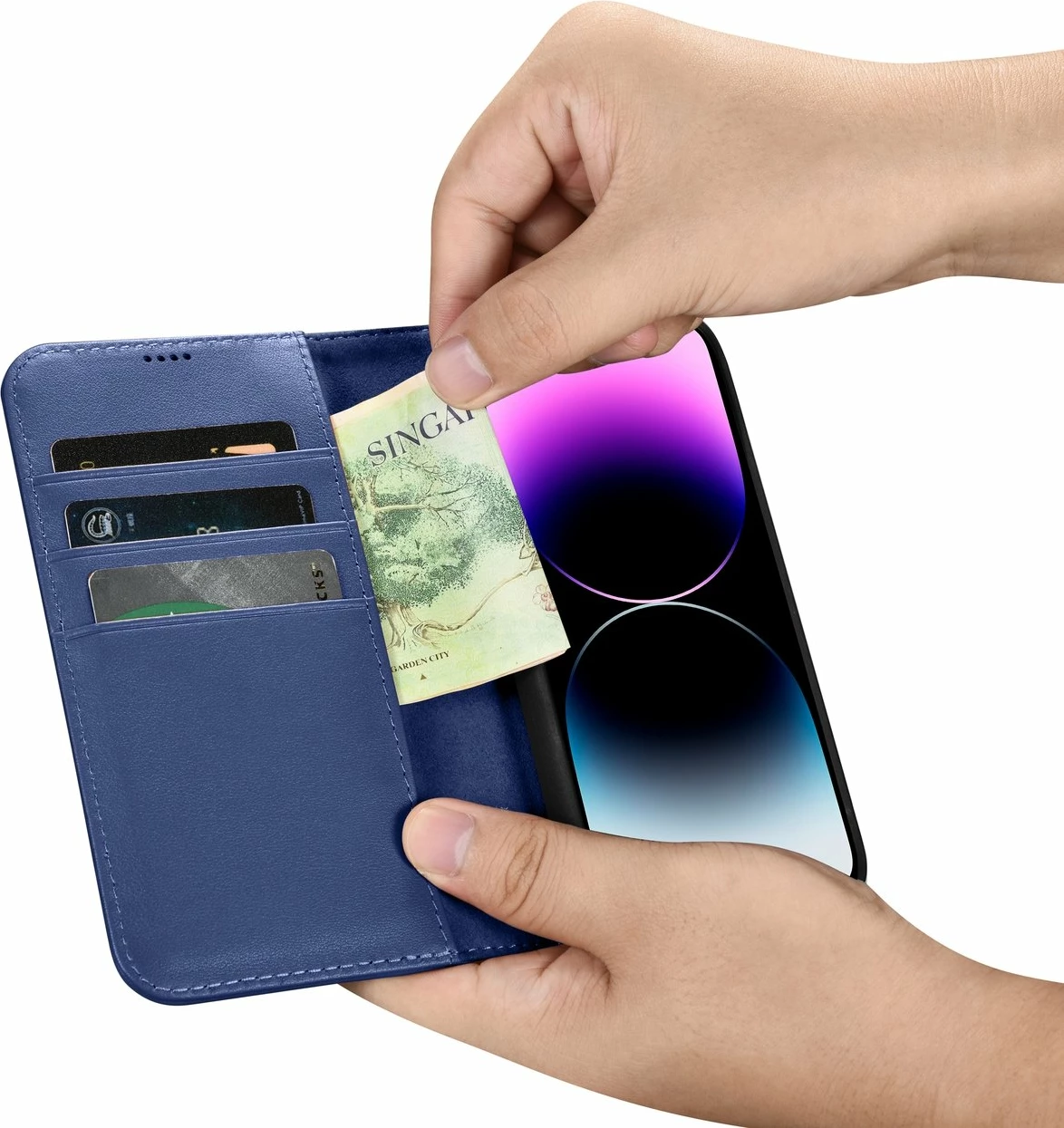 Mbështjellës iCarer Wallet Case 2in1 për iPhone 14 Pro Max, lëkurë, Anti-RFID, Kaltër
