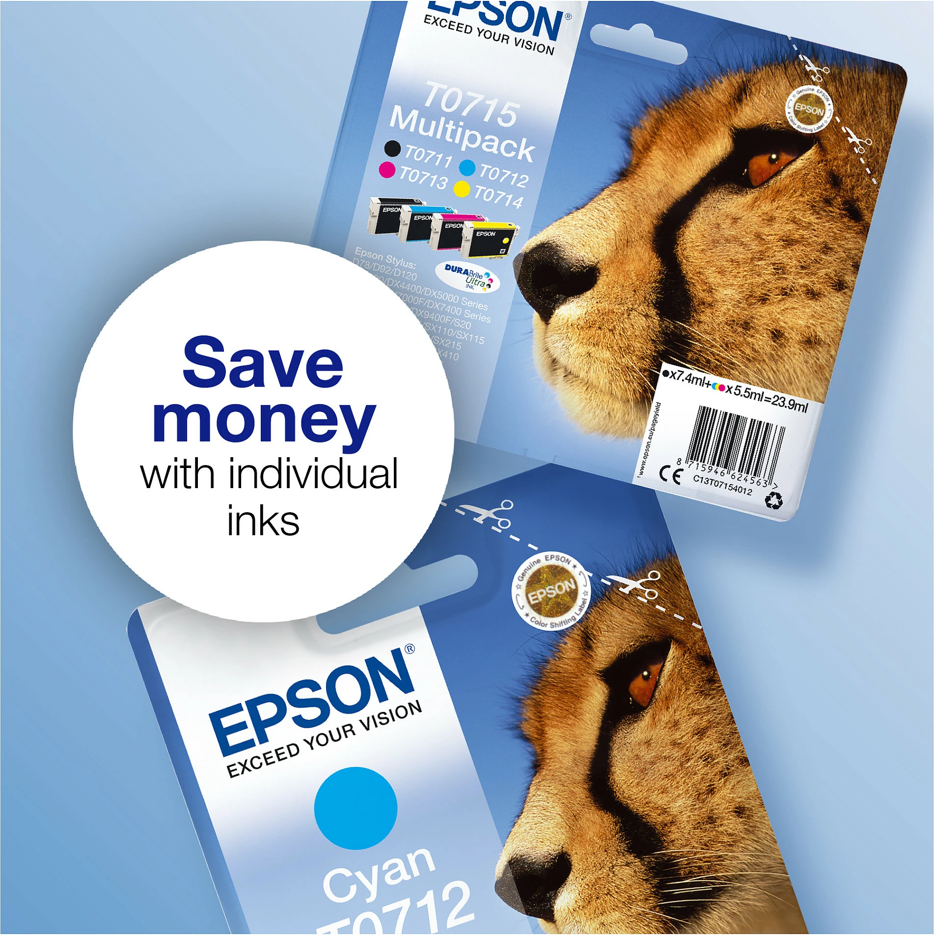 Set kartrixhe boje Epson T0715, 4 ngjyra, 23.9 ml, e zezë/cyan/magenta/e verdhë