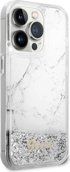 Mbështjellës Guess Liquid Glitter Marble për iPhone 14 Pro 6.1", i bardhë