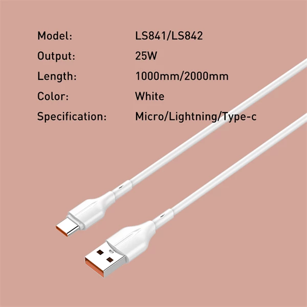 Kabllo karikimi dhe të dhënash LDNIO LS841_C 1m 25W USB-A në USB-C, e bardhë