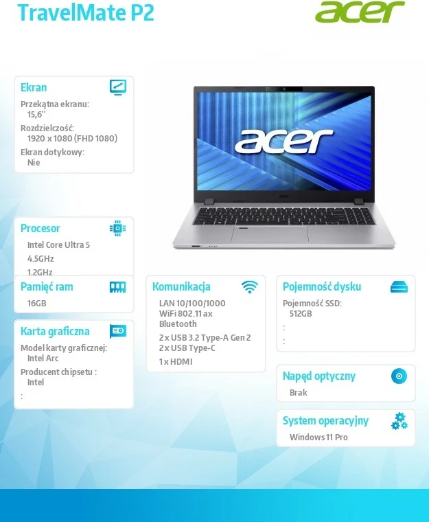Laptop Acer TravelMate P2 TMP215-75-G2-TCO, Core Ultra 5 125H, 16GB RAM, 512GB SSD, Windows 11 Pro, Silver