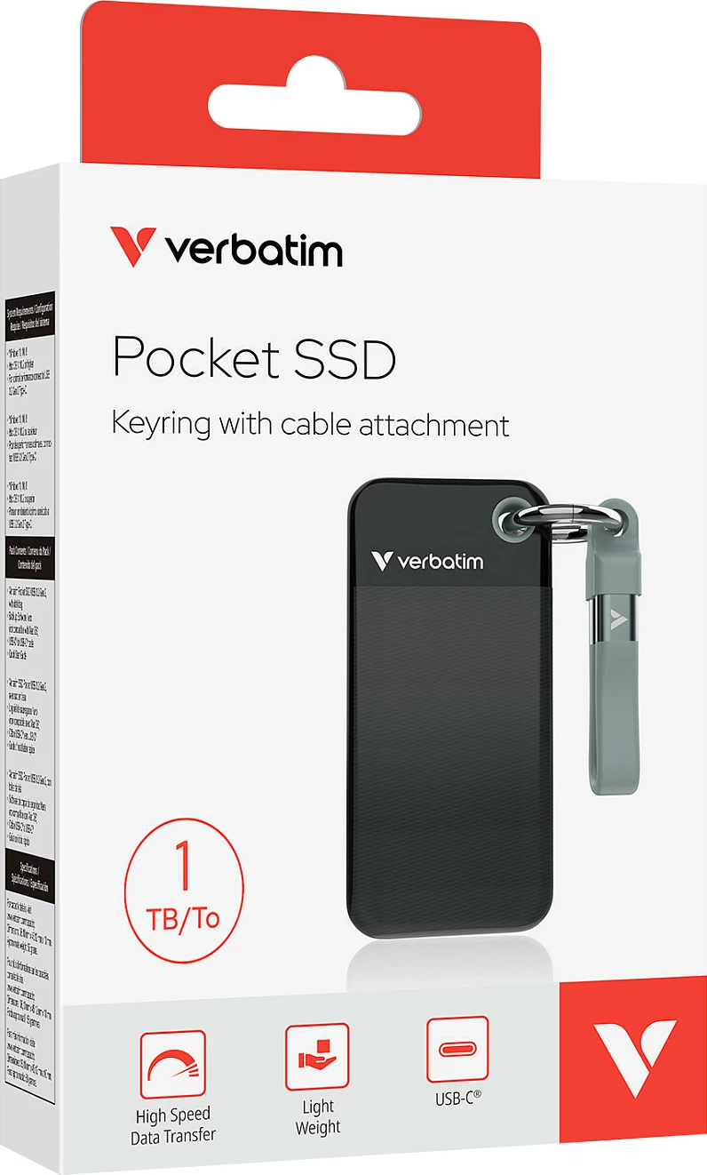 SSD i jashtëm Verbatim Pocket 1TB, USB-C, USB 3.2 Gen 2, 1000MB/s, i zi/gri