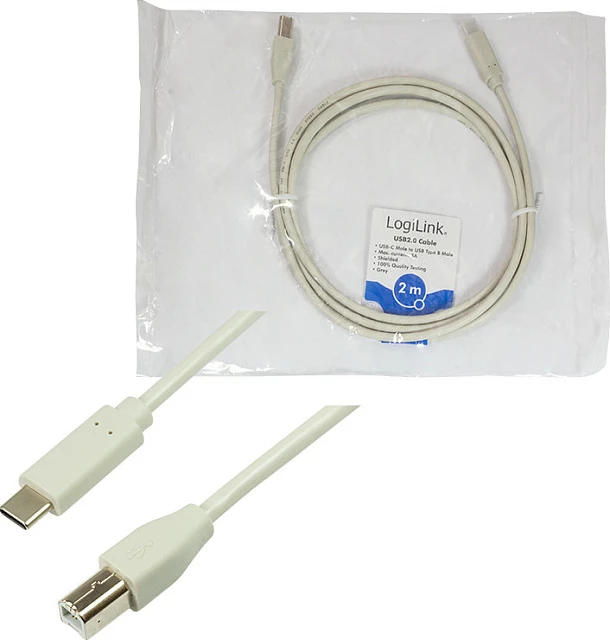 Kabllo USB LogiLink USB 2.0 Type-C në Type-B, 2 m, gri