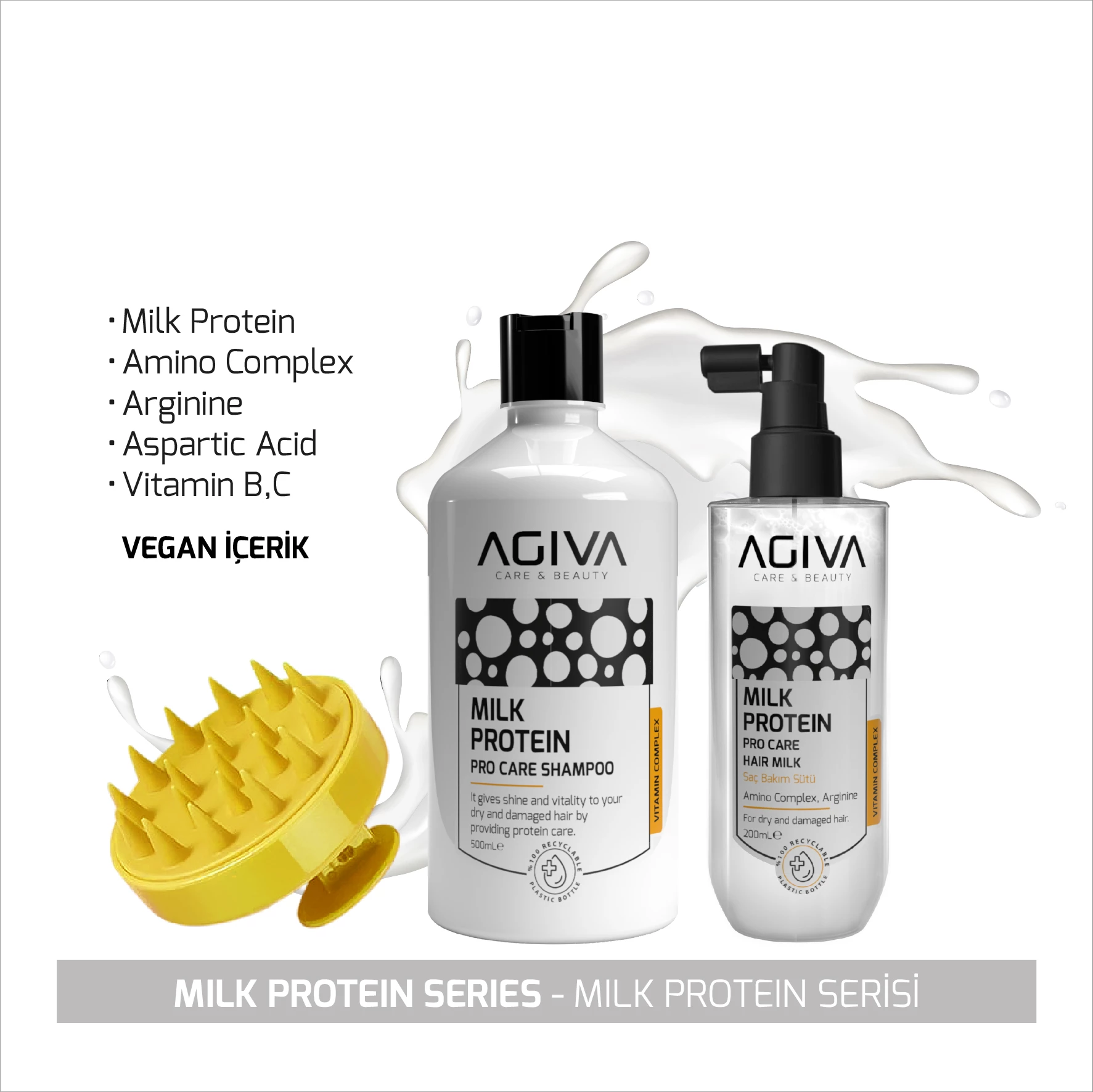 Set 3 pjesësh Pro Care Agiva Milk Protein Amino Complex (Shampon 500 ml+Qumësht 200 ml+Krehër)