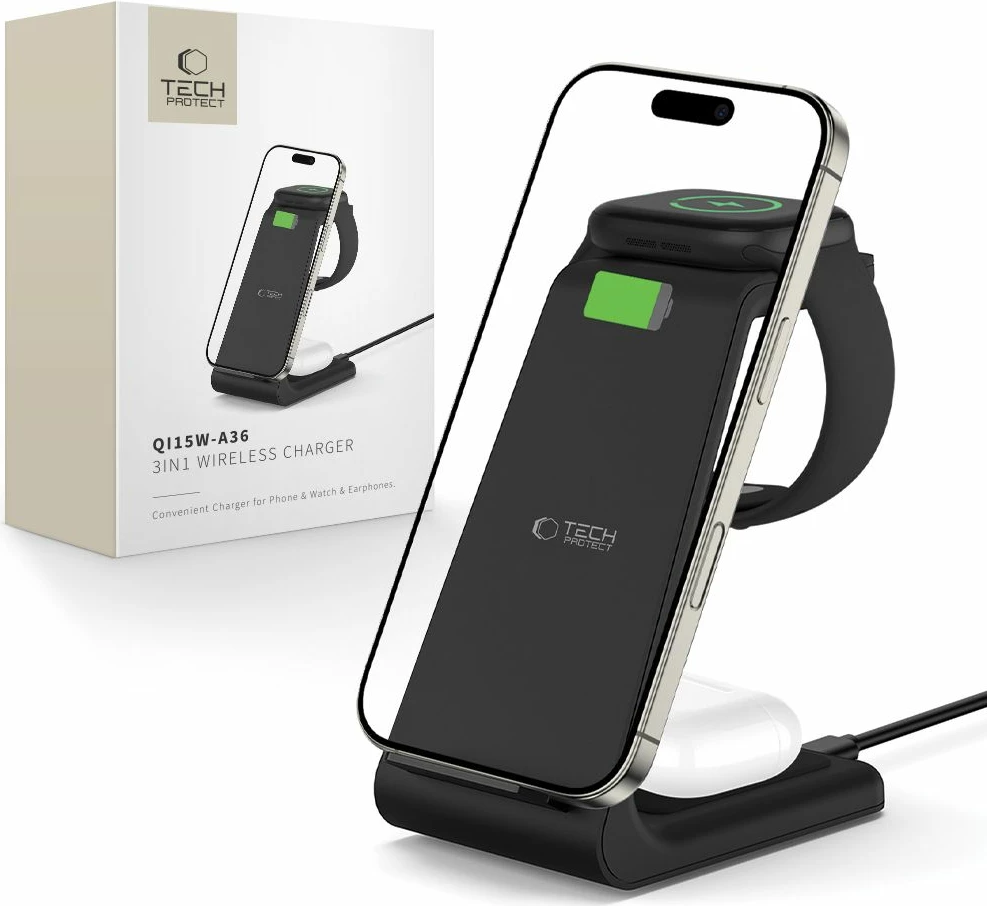 Stacion karikimi 3-në-1 Tech-Protect QI15W-A36 për Apple, i zi