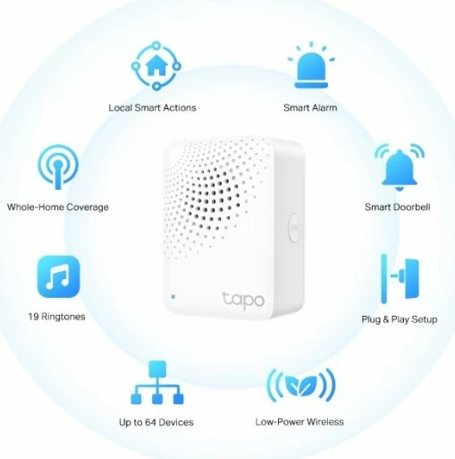 Smart hub TP-LINK Tapo H100, Wi‑Fi 2.4GHz, deri 64 pajisje, 868/922MHz, i bardhë, me Smart Button 6