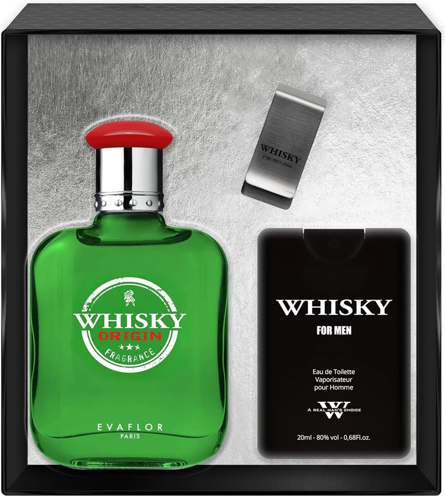 Eau de Toilette set për meshkuj Evaflor Whisky Origin 100ml + 20ml me klip për para