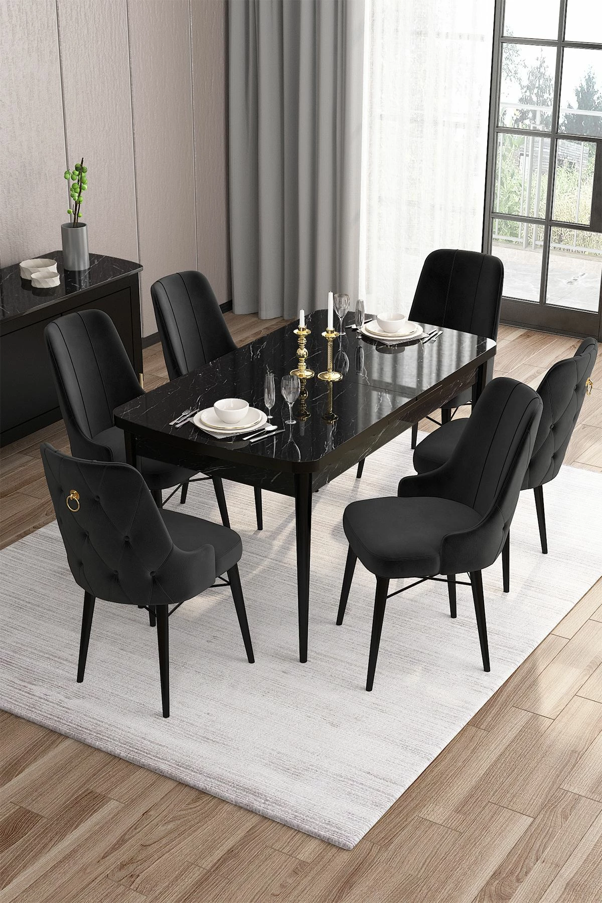 Set tavoline me karrige, zgjatshme, 7 copë, Skye Decor, ngjyrë mermeri të zi, e zezë