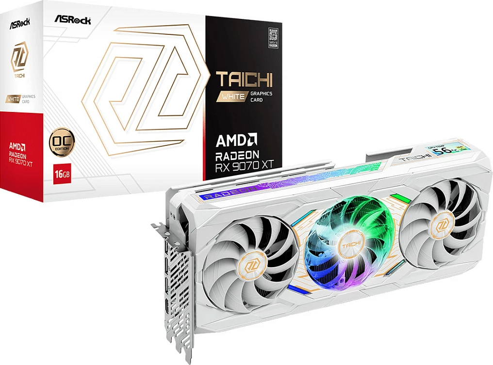 Kartelë grafike ASRock Radeon RX 9070 XT Taichi White, 16GB GDDR6, 3 fana, PCIe 5.0, e bardhë