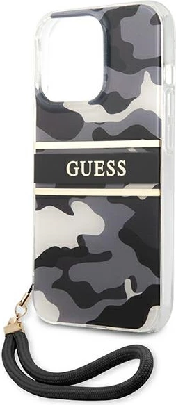 Mbështjellës Guess GUHCP13XKCABBK për iPhone 13 Pro Max 6.7", Camo, i zi, me varëse