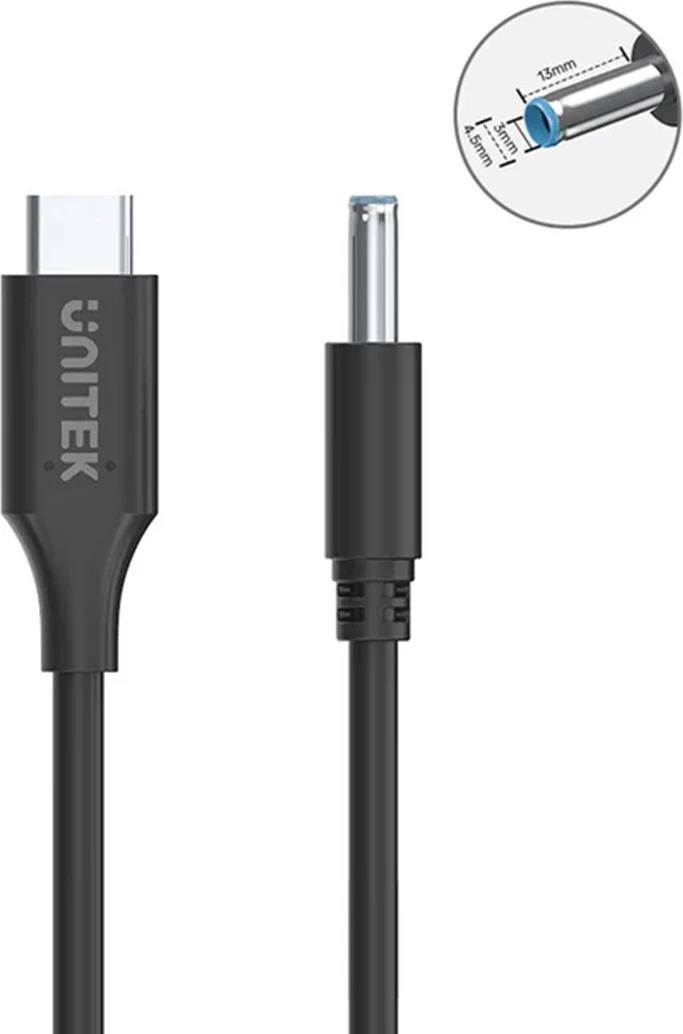 Kablli i energjisë për laptop HP Unitek, 65W USB-C - DC4,5mm, ngjyrë e zezë