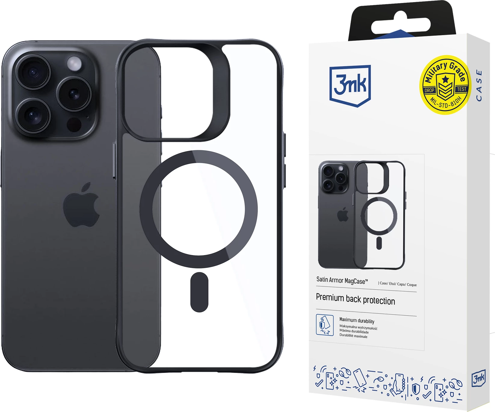 Mbështjellës 3mk Protection Satin Armor MagCase me MagSafe për iPhone 14 Pro Max, Transparent me kornizë të zezë