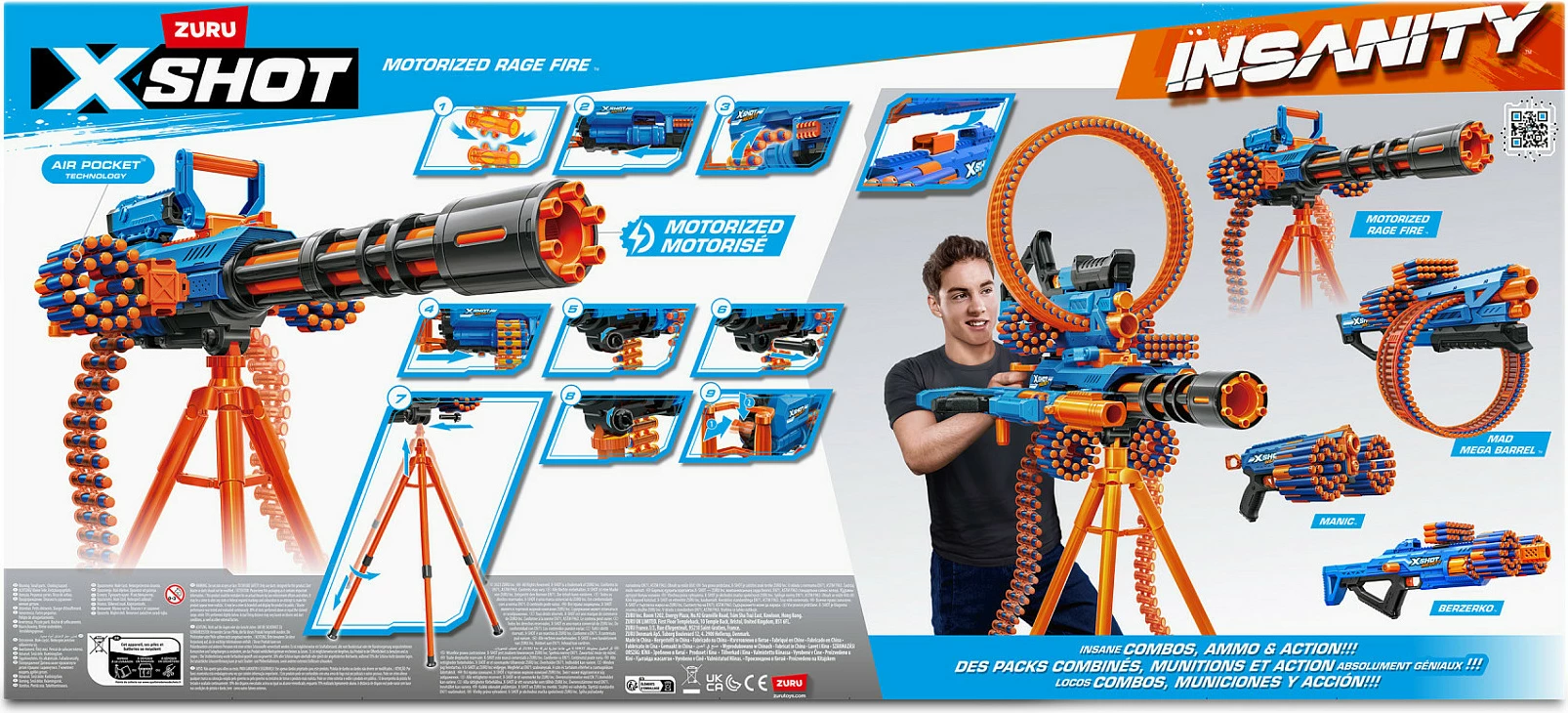 Blaster lodër ZURU XSHOT Insanity Motorized Rage Fire, 72 darts, me tripod, blu/portokalli