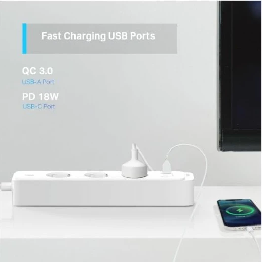 Ndarës prizash smart Wi‑Fi TP-LINK Tapo P300, 3 prizë individuale + 2x USB-A + 1x USB-C, PD/QC 18W, 1.5 m kabllo, bardhë