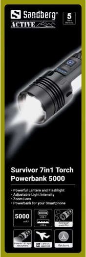 Fener me powerbank SANDBERG Survivor 7-in-1 Torch Powerbank 5000, 5000 mAh, 500 lm, IPX4, i zi, set me kabllo USB-A në USB-C dhe rrip dore