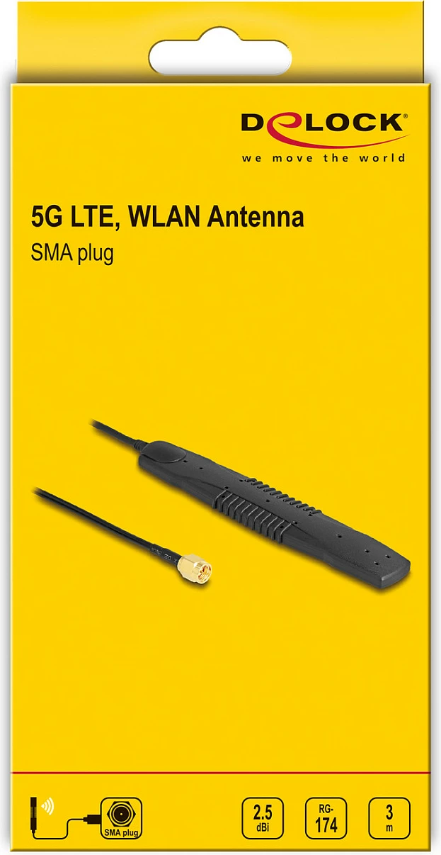 Antene DeLOCK 5G/LTE & WLAN, SMA, 2.5 dBi, kabllo 3 m, ngjitëse, e zezë