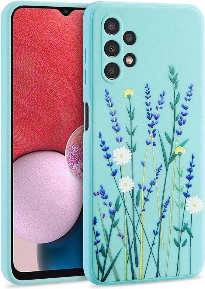 Mbështjellës ONASI Spring për Samsung Galaxy A14, silikon i lëngshëm, me motiv lulesh, blu