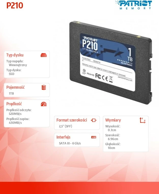 SSD Patriot P210, 1TB, 2.5", SATA III, Gri