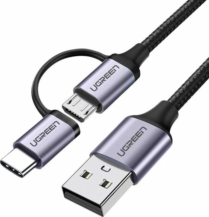 Kabllo USB Ugreen 30875 1 m, USB-A në microUSB + USB-C, 2.4A, e zezë