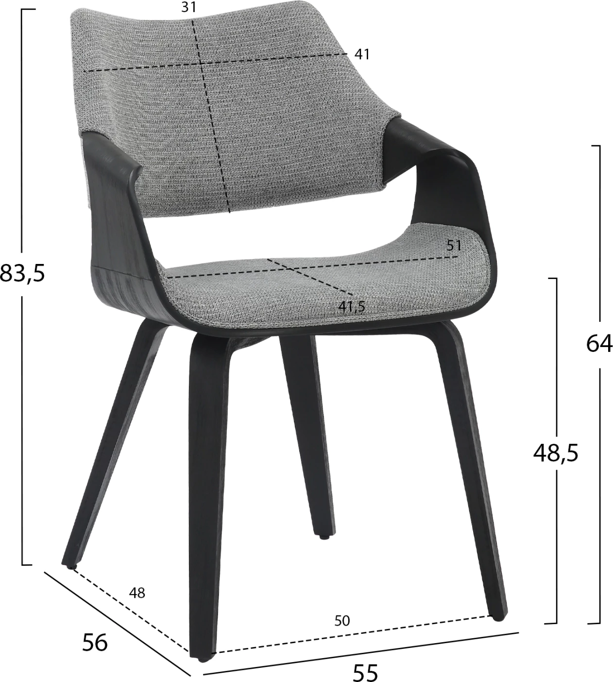 Karrige për tavolinë ngrënieje NETTO FH9976.02, kornizë druri, pëlhurë ngjyrë zezë-gri, 55x56x83.5 cm