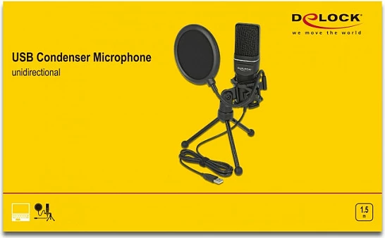 Mikrofon USB kondensator DeLOCK, 16-bit/44.1 kHz, me tripod, shock mount dhe pop filter, i zi
