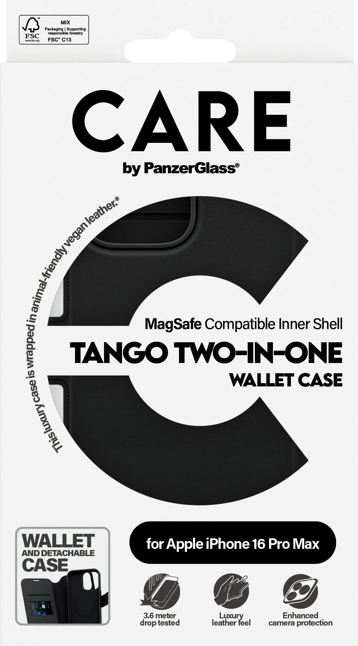 Mbështjellës PanzerGlass CARE Case Feature Tango 2-in-1 Wallet për iPhone 16 Pro Max, e zezë