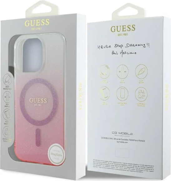 Mbështjellës Guess IML Glitter Gradient MagSafe për iPhone 16 Pro Max, Rozë