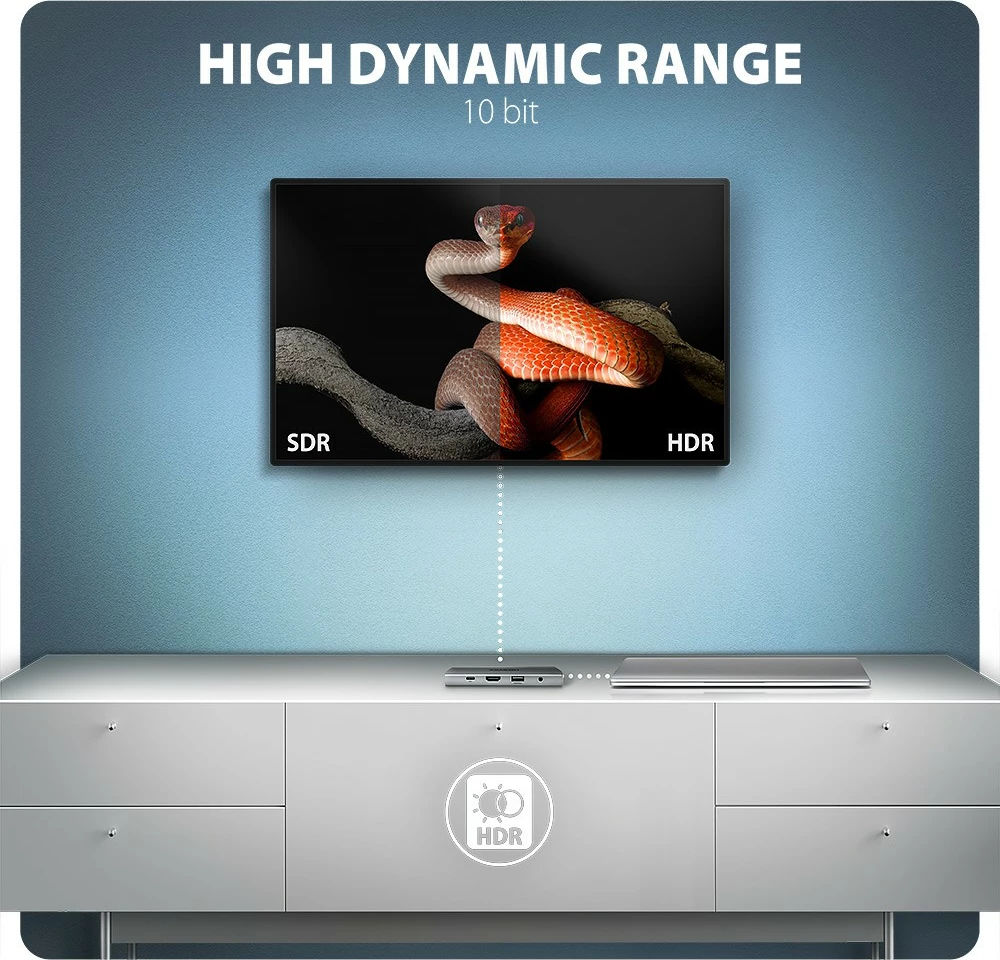 Hub multiport AXAGON HMC-8HLSA, 9-në-1, USB-C, HDMI 4K, 3x USB-A, SD/microSD, GLAN, Audio, PD 100W, 20cm, Gri