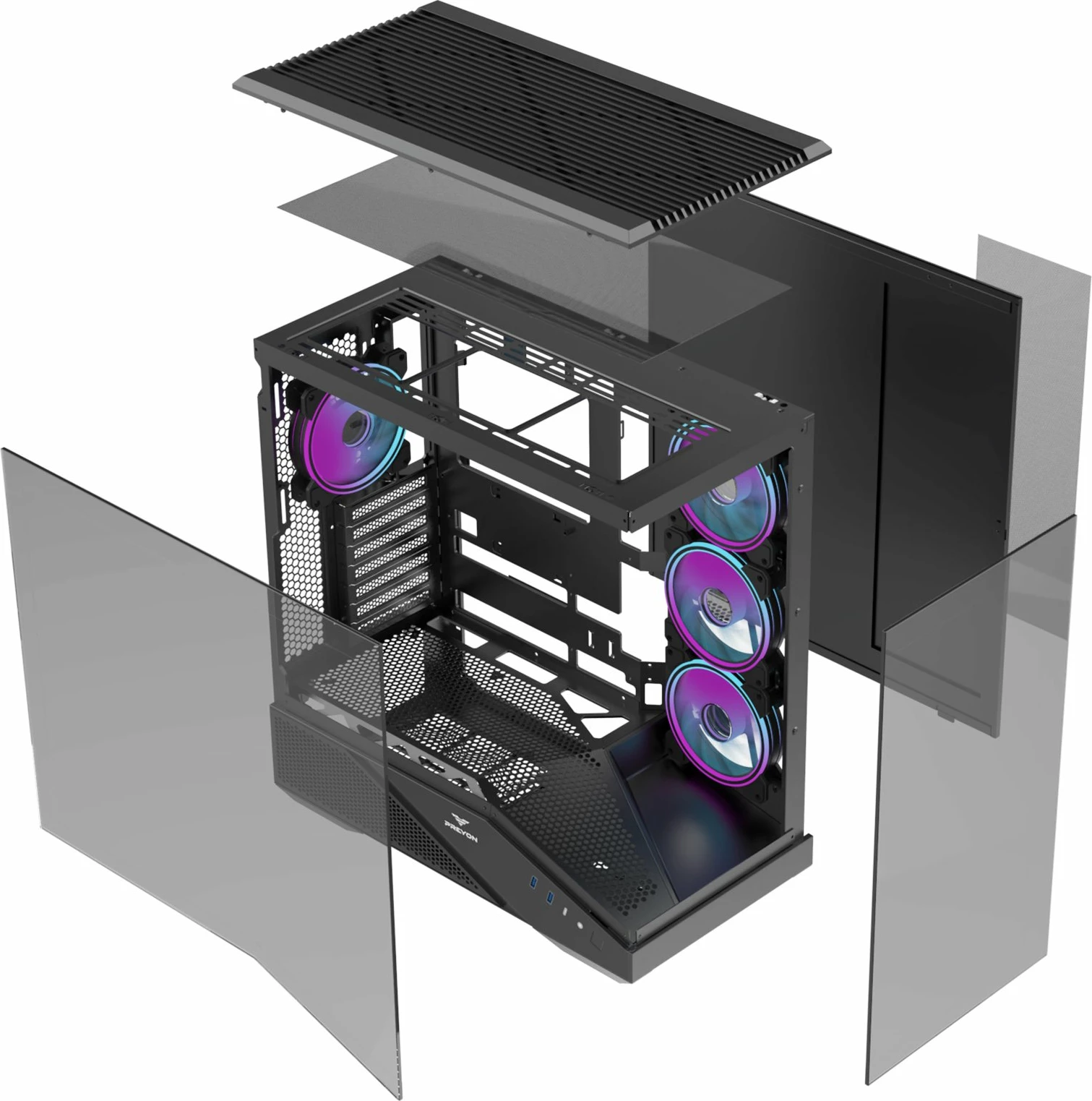 Kasë PREYON Nest Seaview Midi Tower ATX/Micro-ATX/Mini-ITX, xham i temperuar, 4 ventilatorë ARGB, USB-C, e zezë