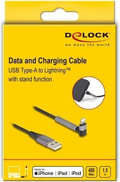 Kabllo USB-A në Lightning DeLOCK, 1.5 m, konektor i këndshëm me mbajtëse, MFi, zezë/gri
