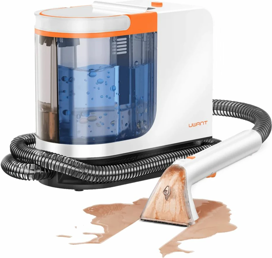 Pastrues i thellë me ujë të nxehtë për qilima dhe tapiceri Uwant B300 Pro 18000 Pa 600 W depo 1.2/1.4 L, me aksesorë + pastrues tekstili 500 ml, bardhë/portokalli