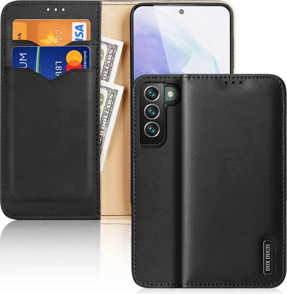 Mbështjellës Dux Ducis Hivo për Samsung Galaxy S22+, lëkurë natyrale, me xhepa, i zi