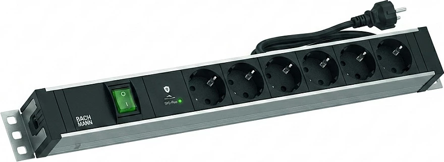 Zgjatues rryme për rack 19" Bachmann, 1.5U, 6x prizë Schuko, me switch, SPD-Plus, kabllo 2m, i zi/gri
