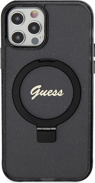 Mbështjellës Guess Ring Stand Script Glitter MagSafe për iPhone 12/12 Pro, i zi